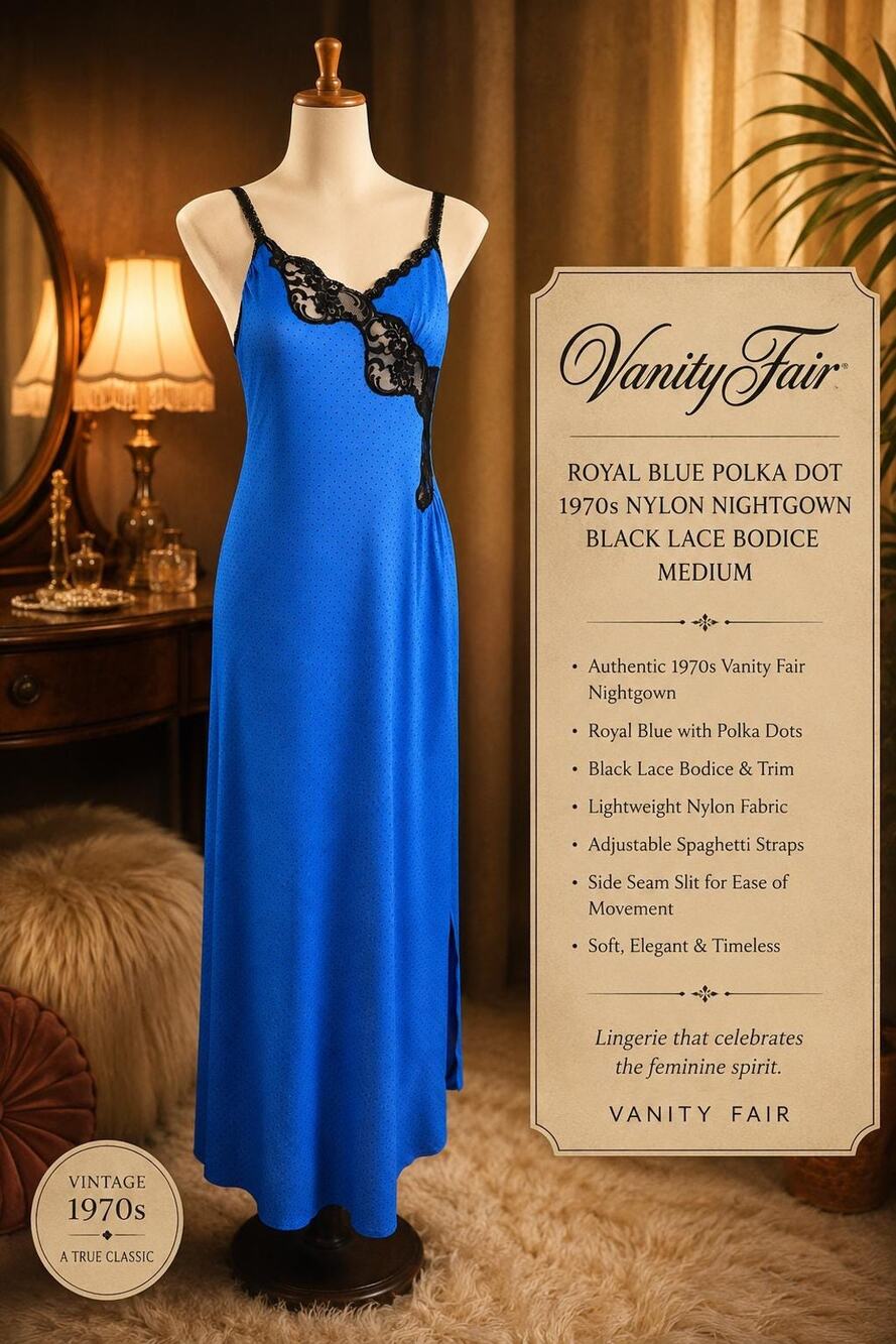 Vanity Fair Royal Blue Polka Dot 1970s Nylon Nightgown Black Lace Bodice Medium